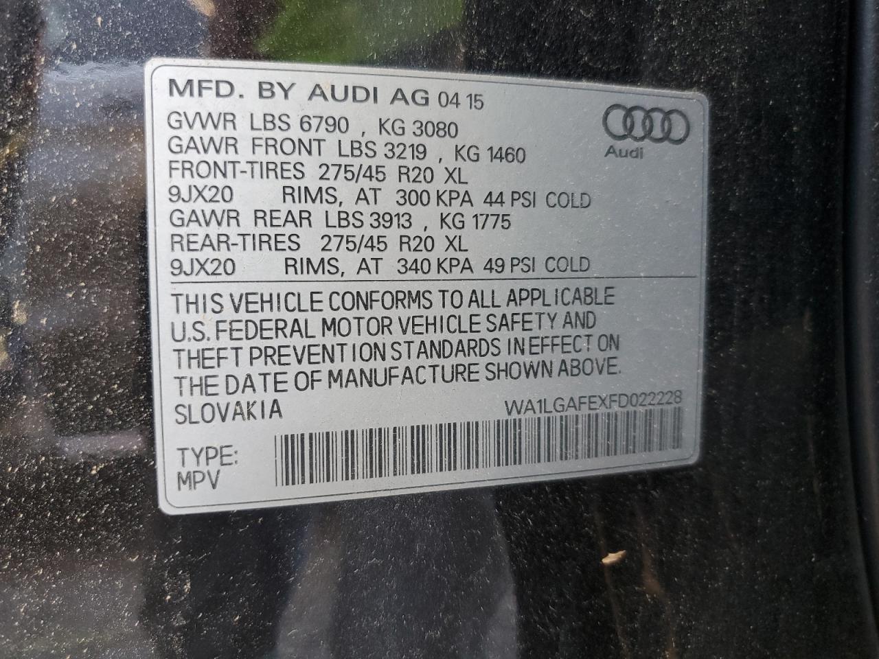 2015 Audi Q7 VIN WA1LGAFEXFD022228 Copart auction photo, water/flood damage thumbnail 14