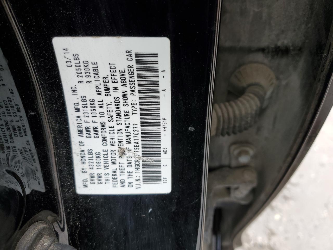 2014 Honda Accord VIN 1HGCR2F75EA170277 Copart auction photo, front end damage thumbnail 14
