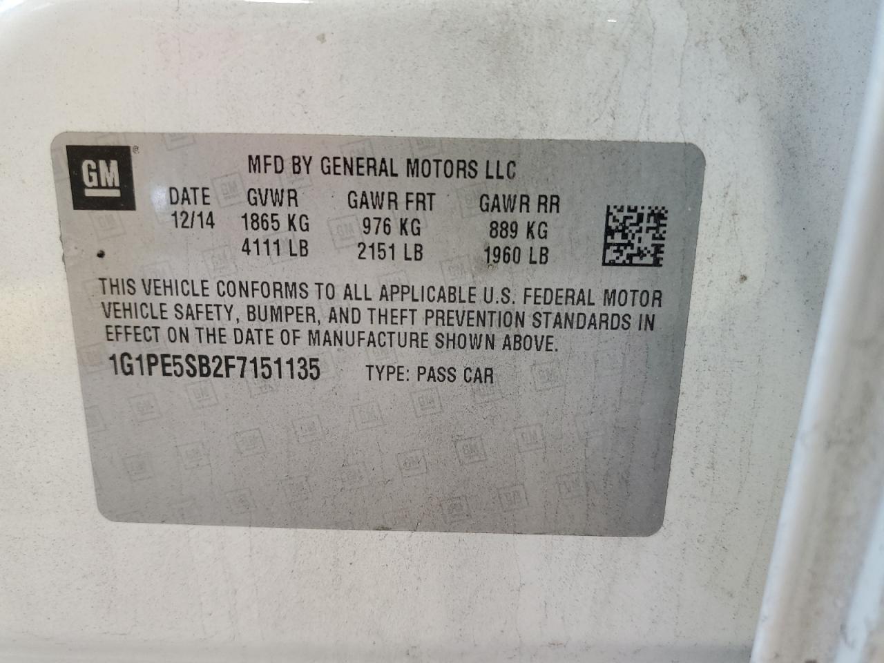 2015 Chevrolet Cruze VIN 1G1PE5SB2F7151135 Copart auction photo, front end damage thumbnail 12