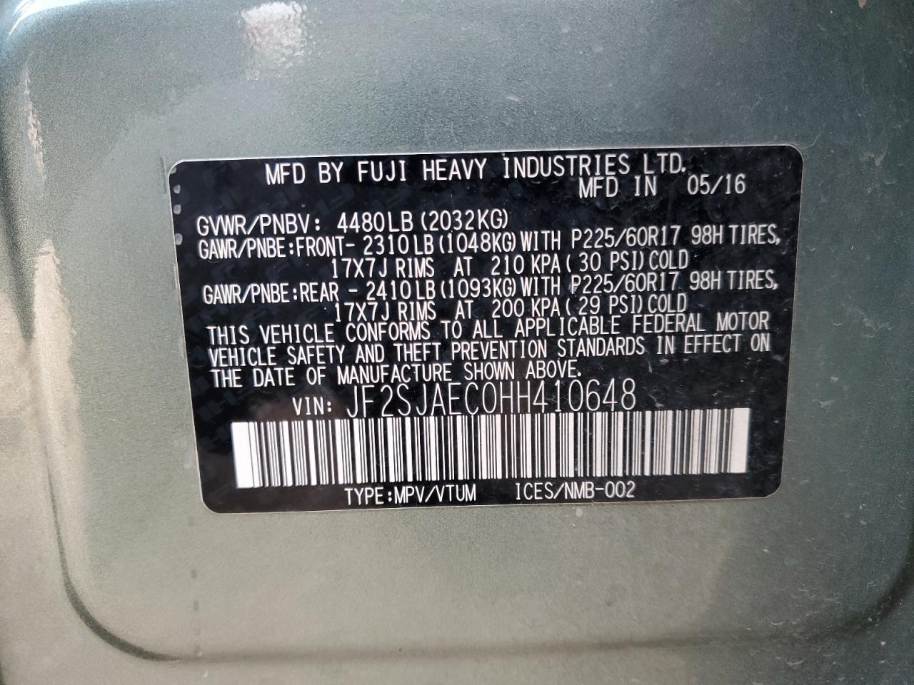 2017 Subaru Forester VIN JF2SJAEC0HH410648 Copart auction photo, front end / minor dent/scratches damage thumbnail 14