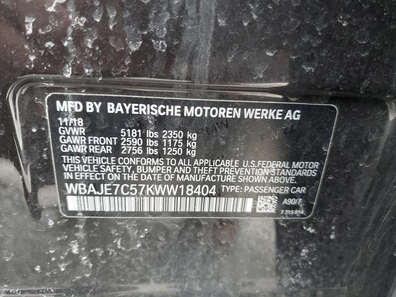 2019 BMW 5er VIN WBAJE7C57KWW18404 Copart auction photo, front end / rear end damage thumbnail 13