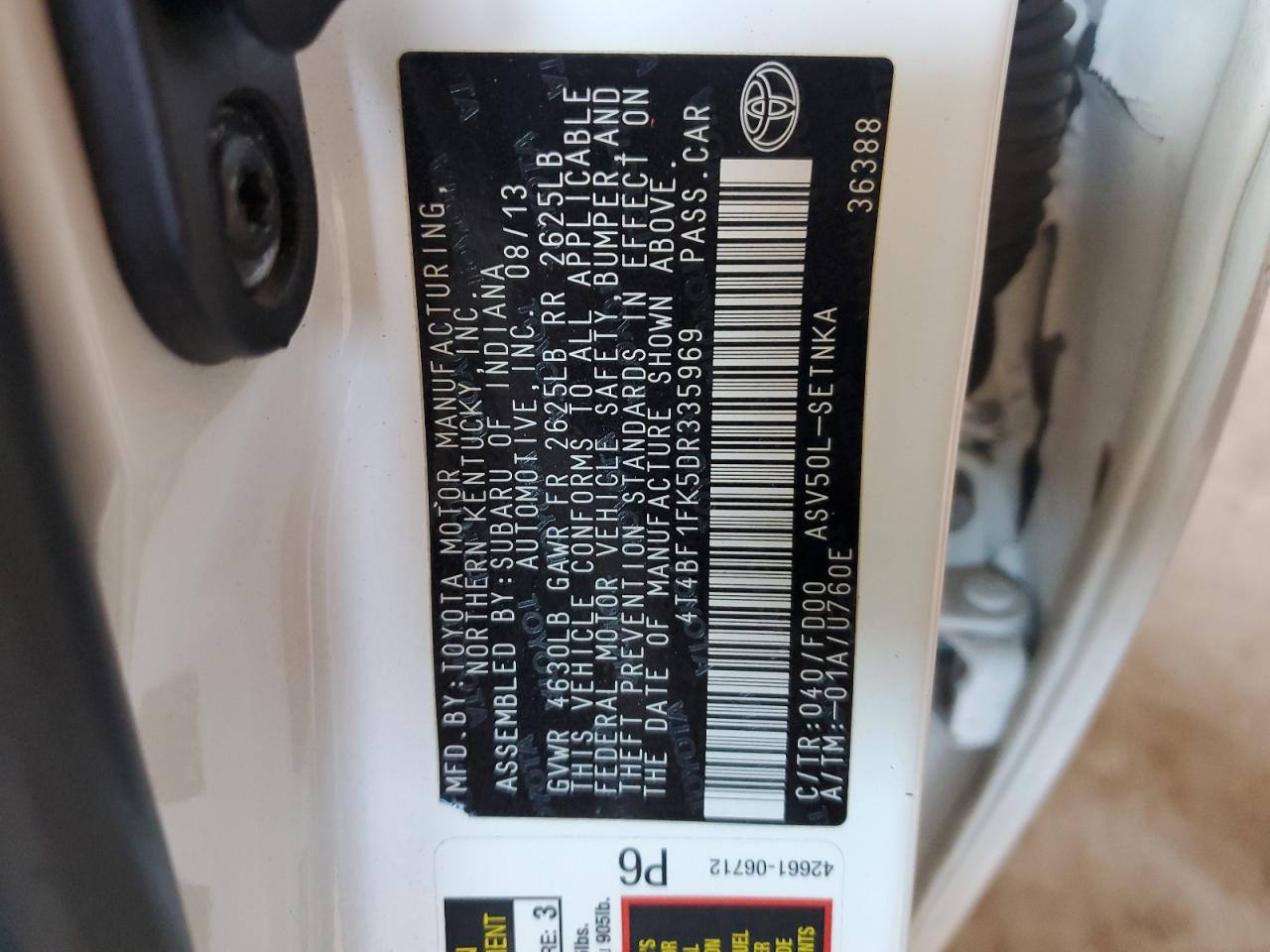 2013 Toyota Camry VIN 4T4BF1FK5DR335969 Copart auction photo, all over / undercarriage damage thumbnail 14