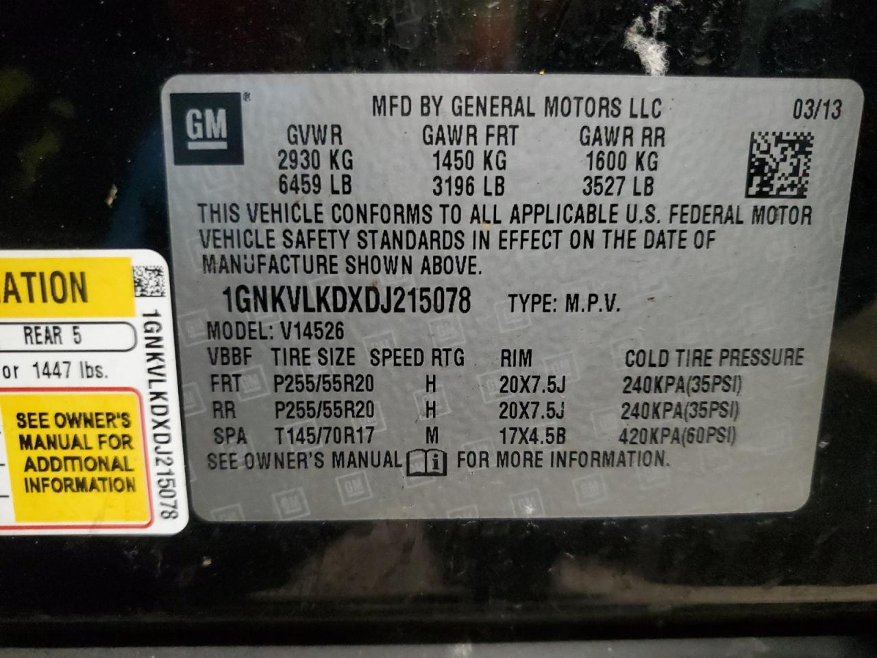 2013 Chevrolet Traverse VIN 1GNKVLKDXDJ215078 Copart auction photo, rear end damage thumbnail 16