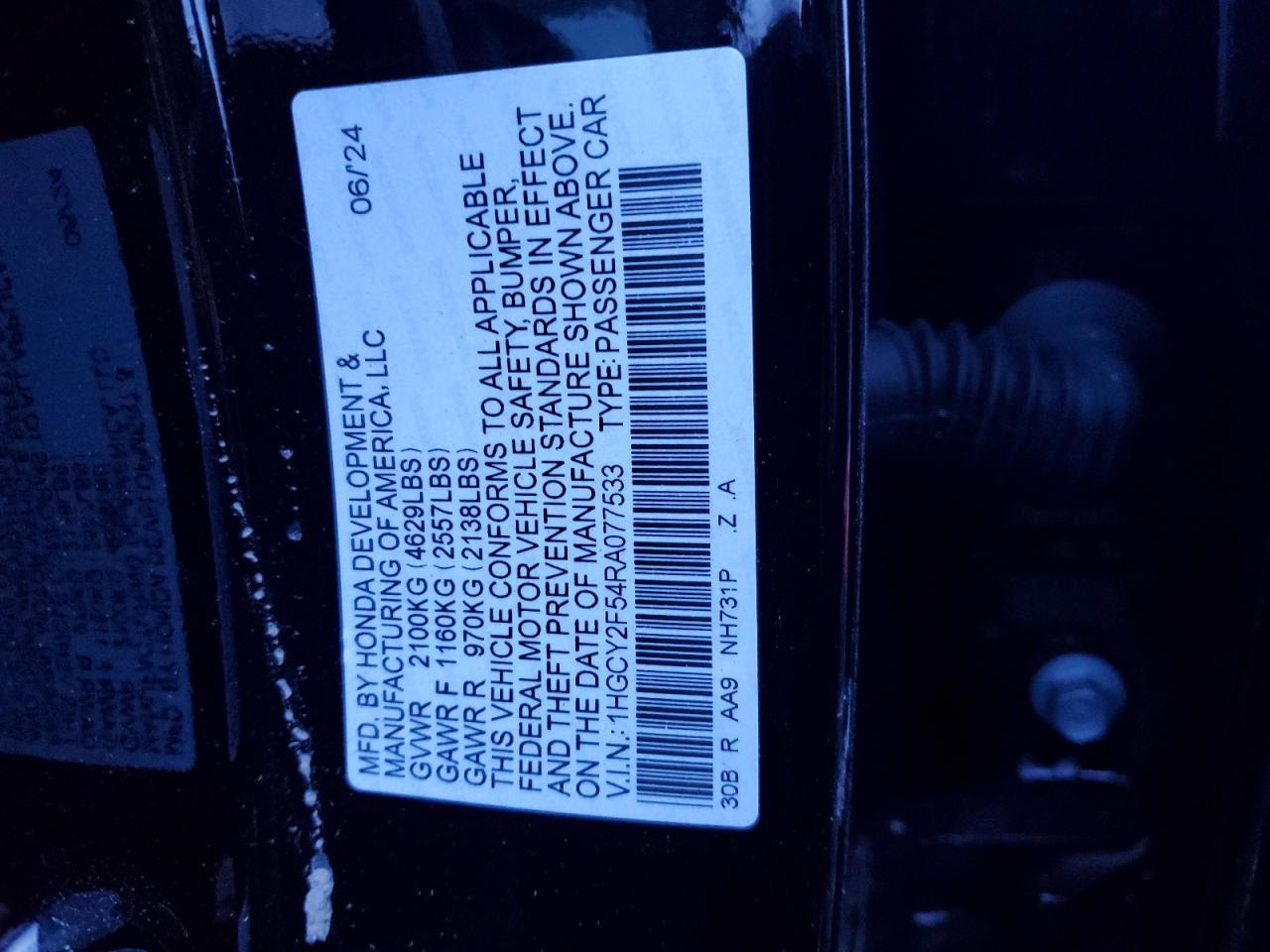 2024 Honda Accord VIN 1HGCY2F54RA077533 Copart auction photo, front end / side damage thumbnail 15