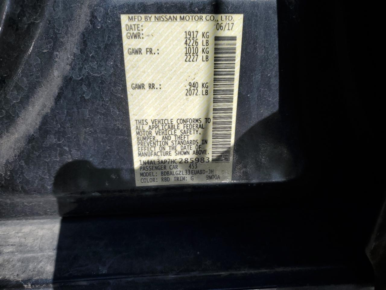 2017 Nissan Altima VIN 1N4AL3AP7HC285983 Copart auction photo, side damage thumbnail 12