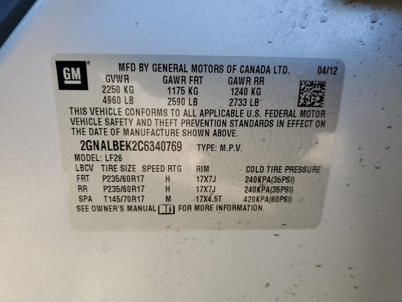 2012 Chevrolet Equinox VIN 2GNALBEK2C6340769 Copart auction photo, front end / side damage thumbnail 15