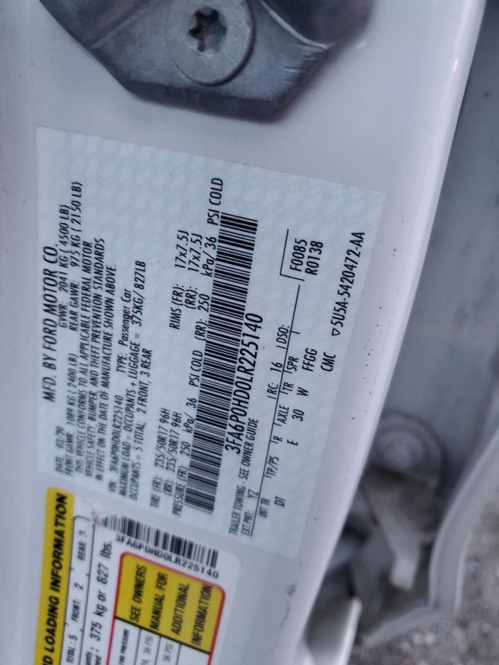 2020 Ford Fusion VIN 3FA6P0HD0LR225140 Copart auction photo, front end damage thumbnail 12