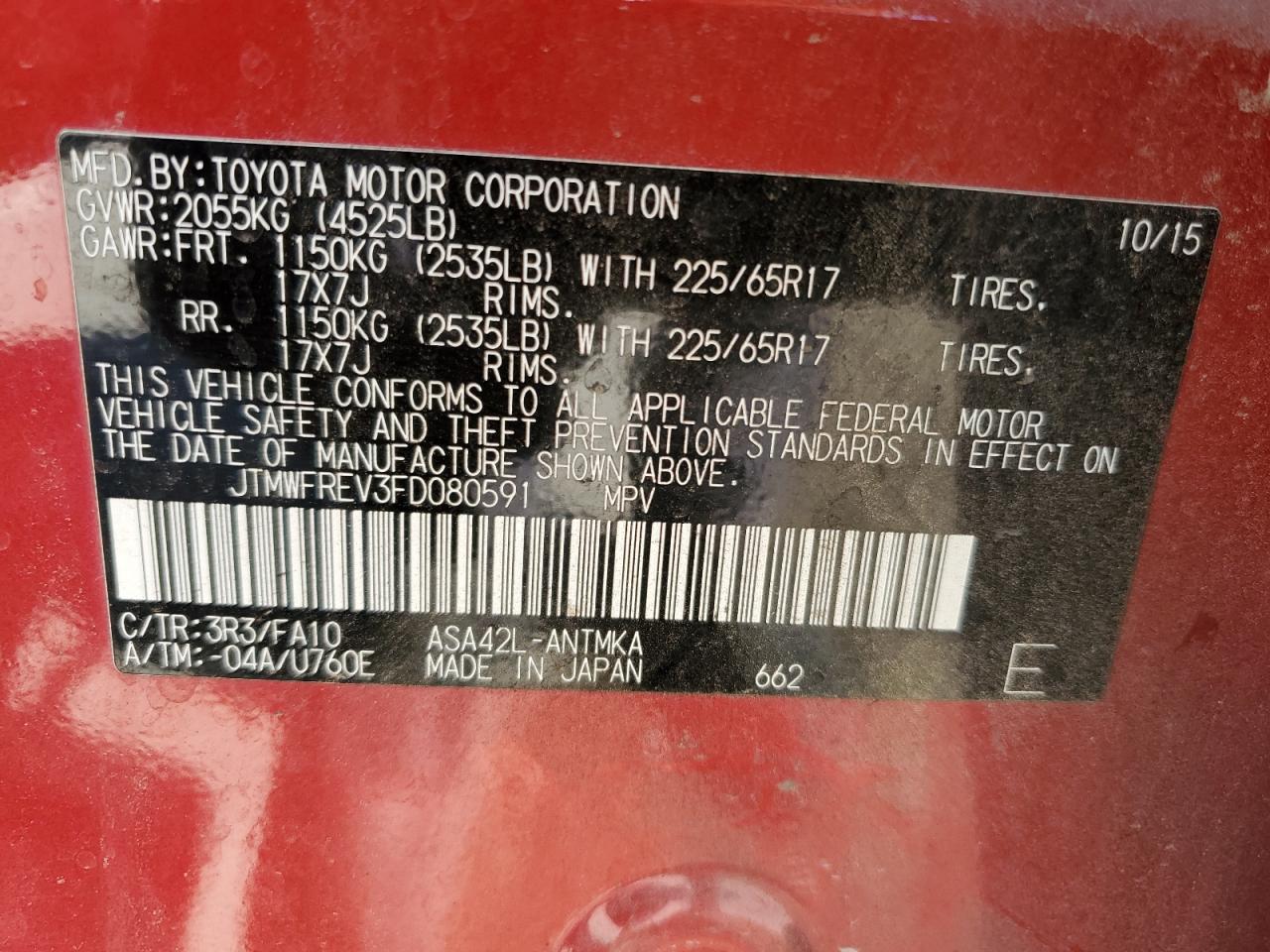 2015 Toyota RAV 4 VIN JTMWFREV3FD080591 Copart auction photo, front end damage thumbnail 12