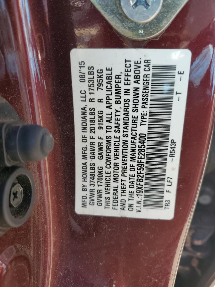 2015 Honda Civic VIN 19XFB2F59FE285400 Copart auction photo, front end damage thumbnail 12