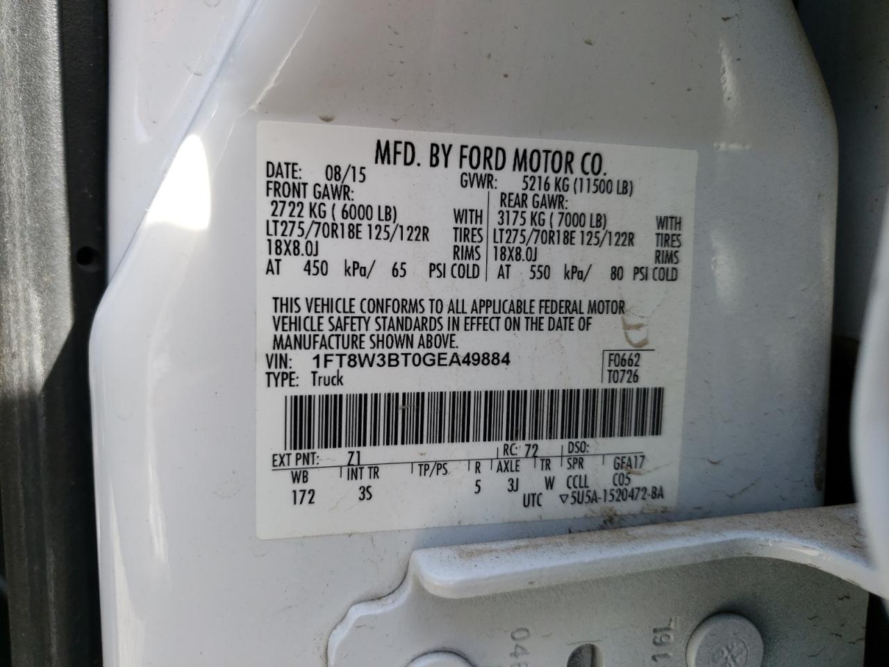 2016 Ford F350 VIN 1FT8W3BT0GEA49884 Copart auction photo, normal wear damage thumbnail 12