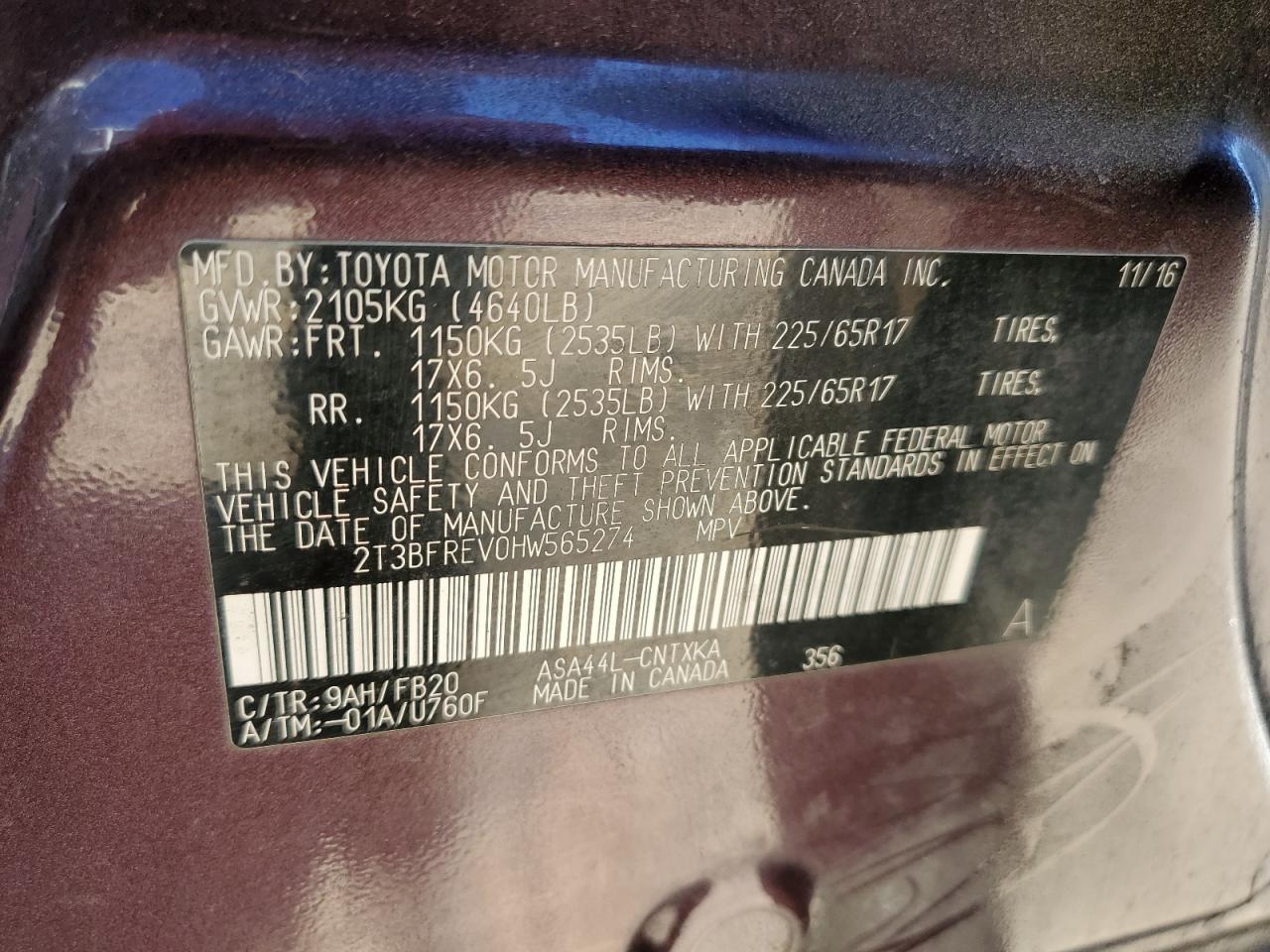 2017 Toyota RAV 4 VIN 2T3BFREV0HW565274 Copart auction photo, rear end damage thumbnail 13