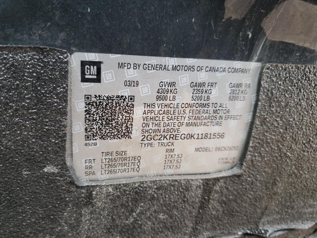 2019 Chevrolet Silverado VIN 2GC2KREG0K1181556 Copart auction photo, front end / side damage thumbnail 14