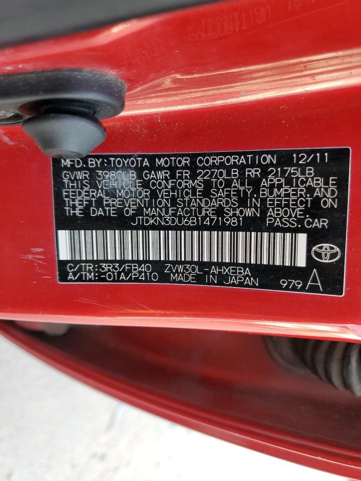 2011 Toyota Prius VIN JTDKN3DU6B1471981 Copart auction photo, minor dent/scratches damage thumbnail 12