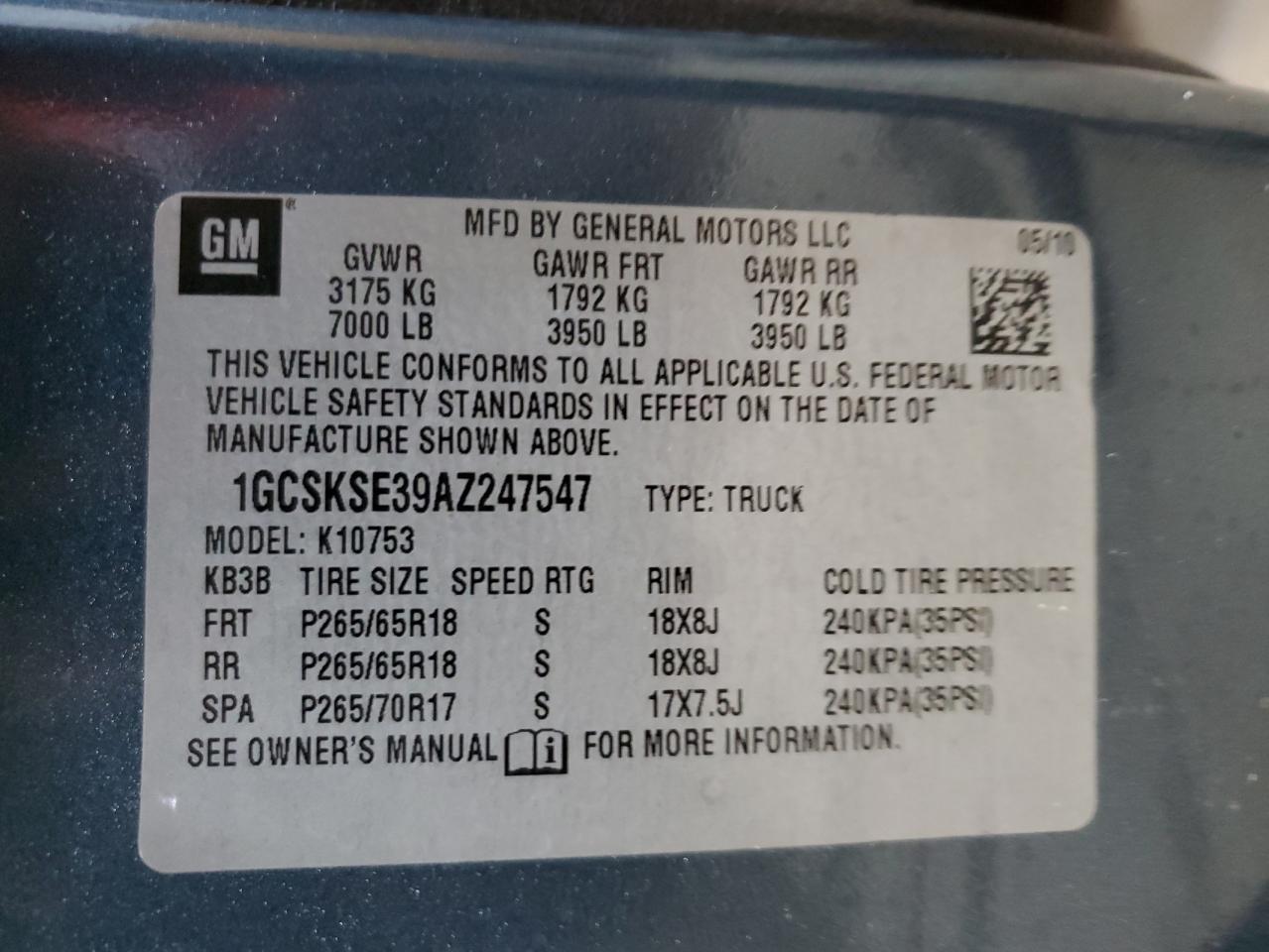 2010 Chevrolet Silverado VIN 1GCSKSE39AZ247547 Copart auction photo, rear end / undercarriage damage thumbnail 12