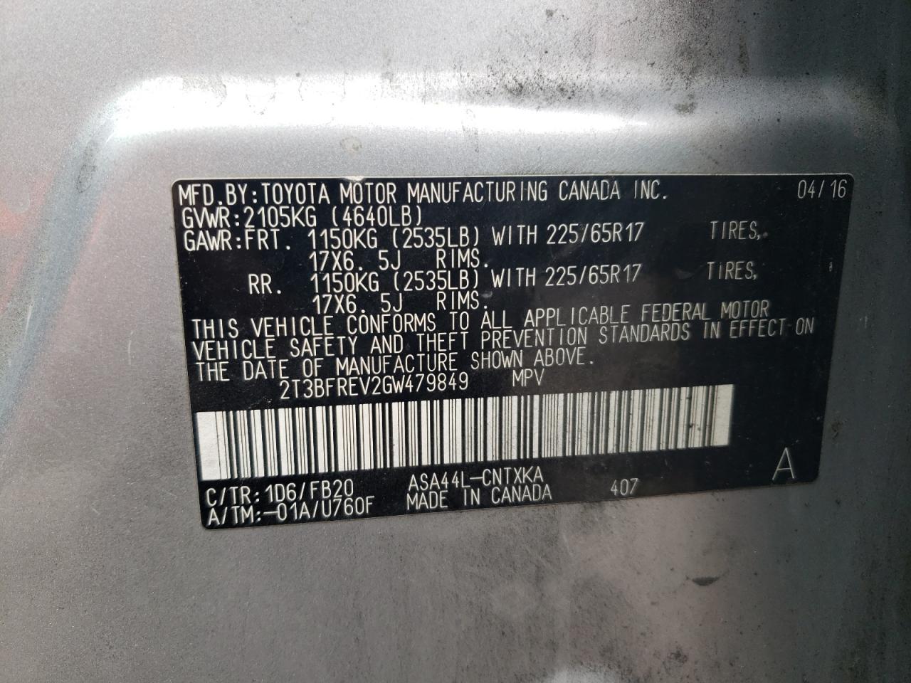 2016 Toyota RAV 4 VIN 2T3BFREV2GW479849 Copart auction photo, front end / side damage thumbnail 13