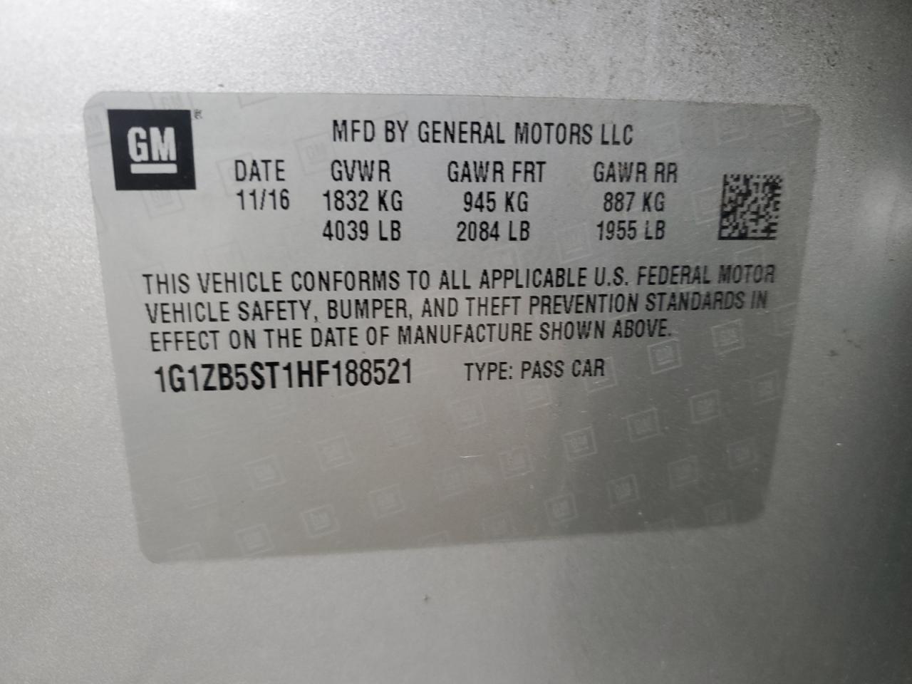 2017 Chevrolet Malibu VIN 1G1ZB5ST1HF188521 Copart auction photo, front end damage thumbnail 12