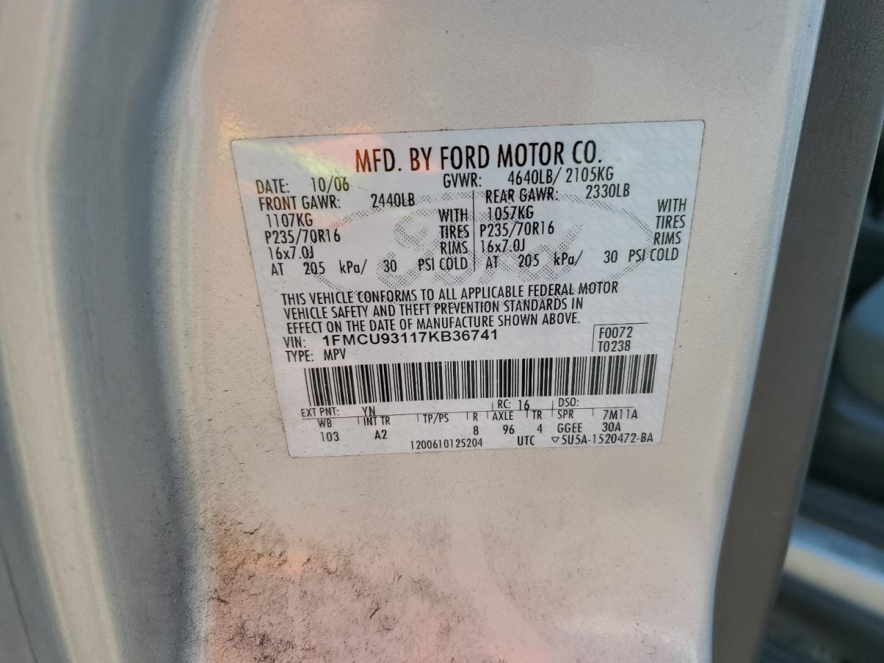 2007 Ford Escape VIN 1FMCU93117KB36741 Copart auction photo, front end / minor dent/scratches damage thumbnail 14