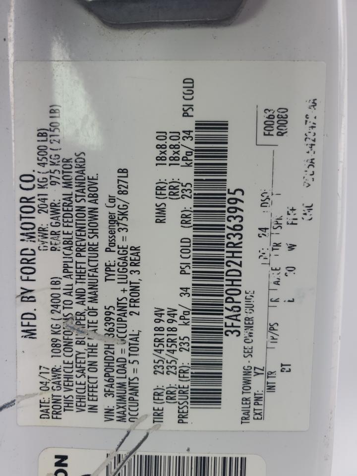 2017 Ford Fusion VIN 3FA6P0HD2HR363995 Copart auction photo, front end damage thumbnail 15