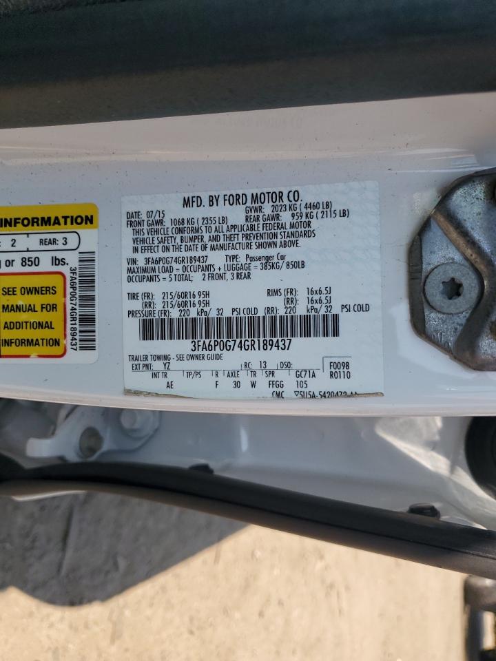 2016 Ford Fusion VIN 3FA6P0G74GR189437 Copart auction photo, all over damage thumbnail 14