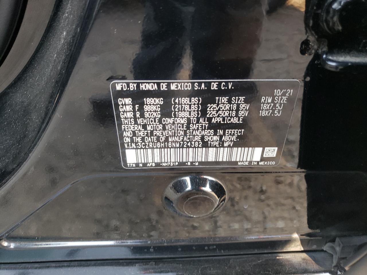 2022 Honda HR-V VIN 3CZRU6H16NM724382 Copart auction photo, front end / rear end damage thumbnail 13