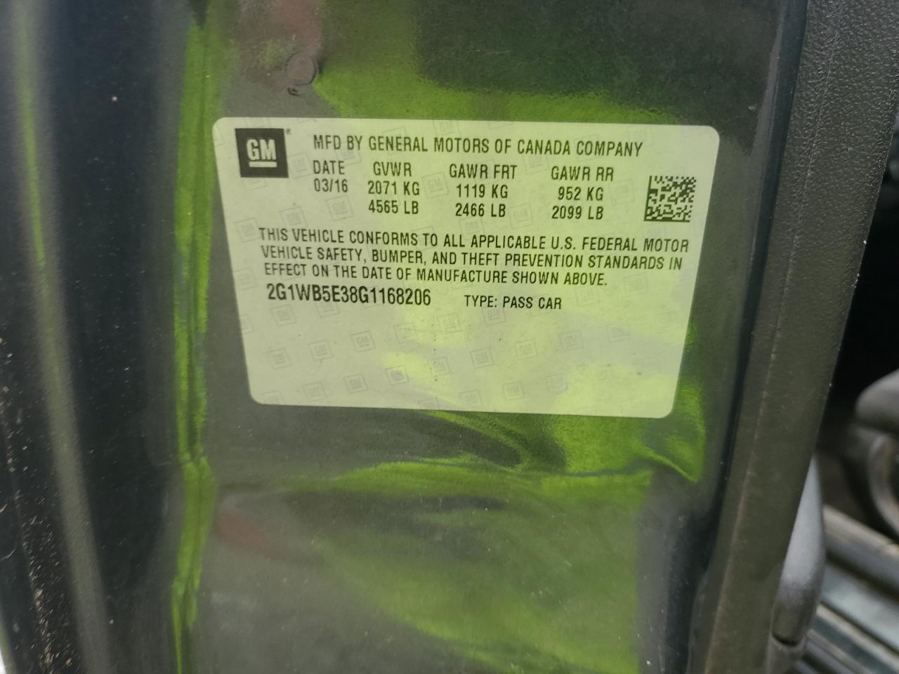 2016 Chevrolet Impala VIN 2G1WB5E38G1168206 Copart auction photo, all over damage thumbnail 15