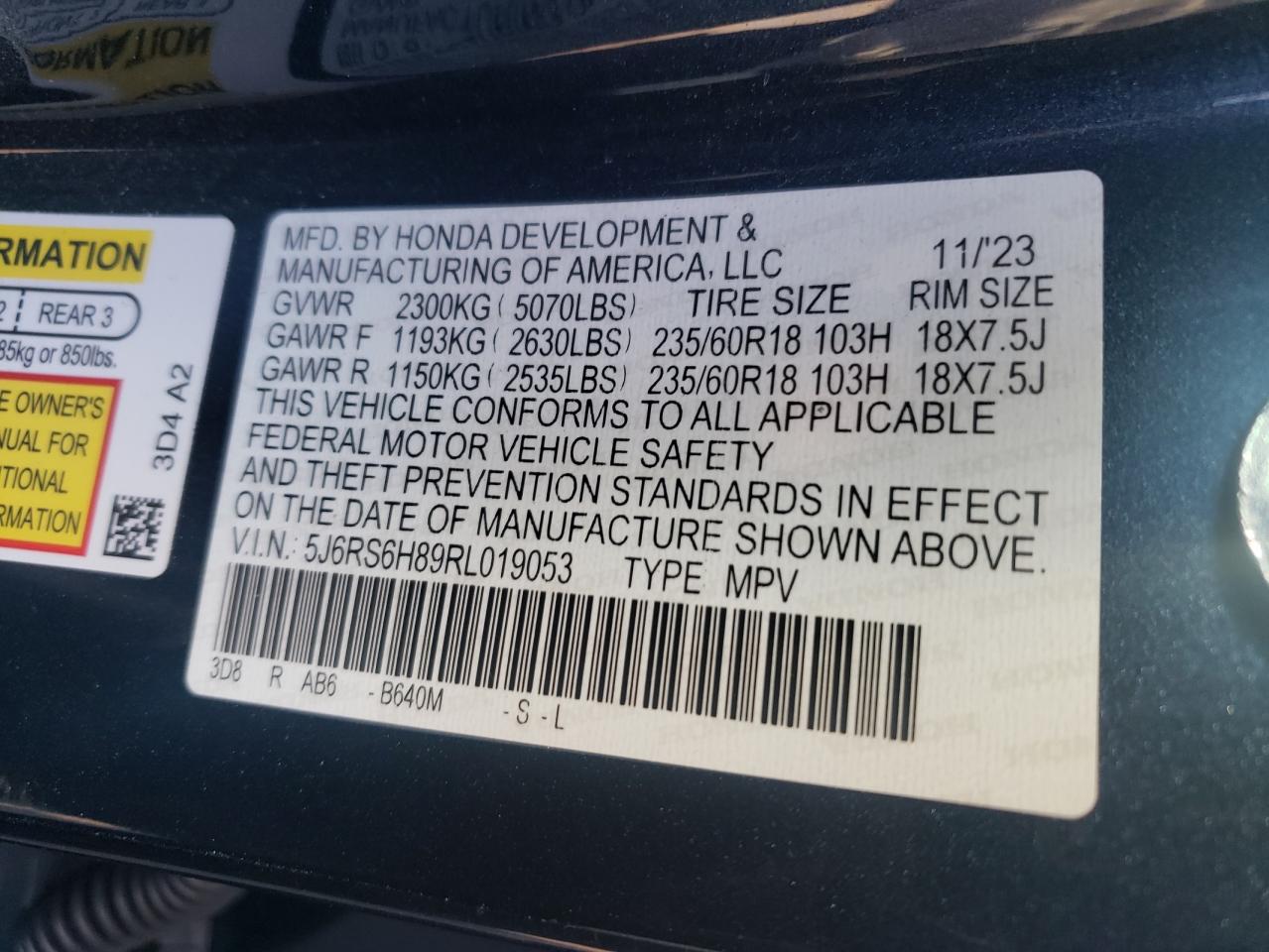 2024 Honda CR-V VIN 5J6RS6H89RL019053 Copart auction photo, front end damage thumbnail 13