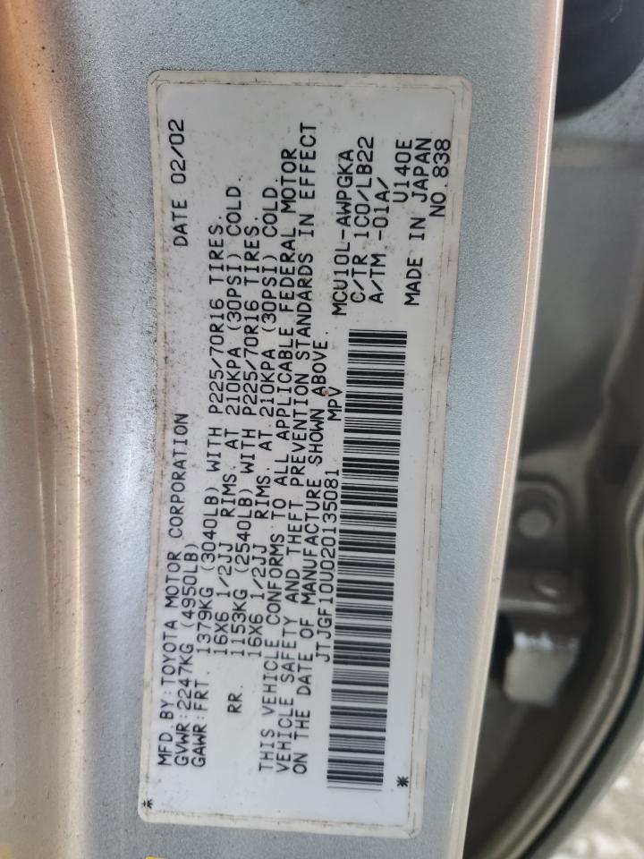 2002 Lexus RX VIN JTJGF10U020135081 Copart auction photo, all over damage thumbnail 16