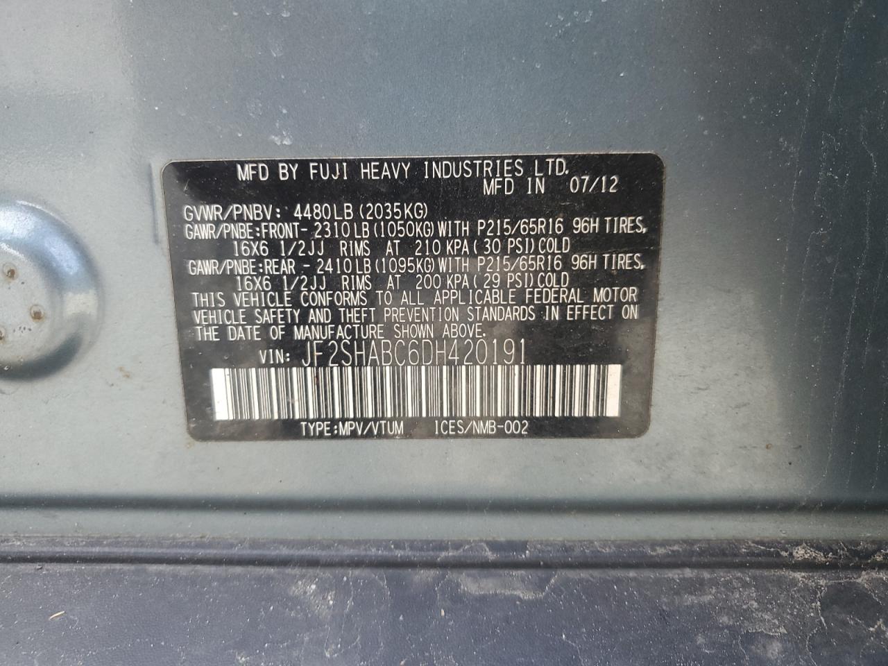 2013 Subaru Forester VIN JF2SHABC6DH420191 Copart auction photo, front end damage thumbnail 13
