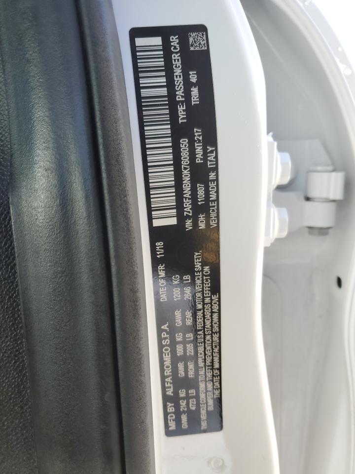 2019 Alfa Romeo Giulia VIN ZARFANBN0K7608050 Copart auction photo, rear end damage thumbnail 12
