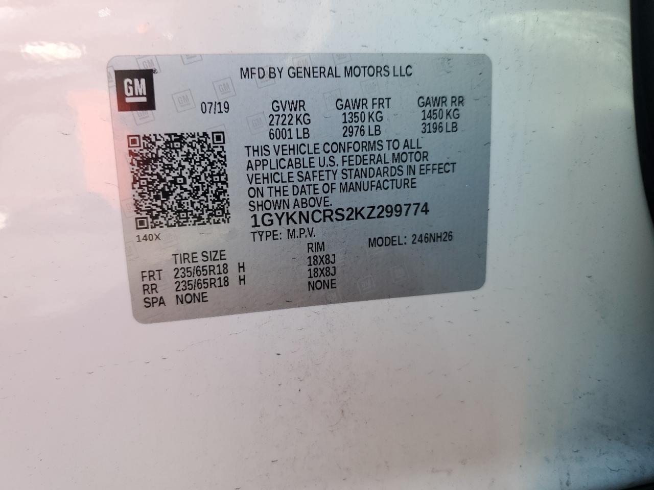 2019 Cadillac XT5 VIN 1GYKNCRS2KZ299774 Copart auction photo, front end damage thumbnail 13