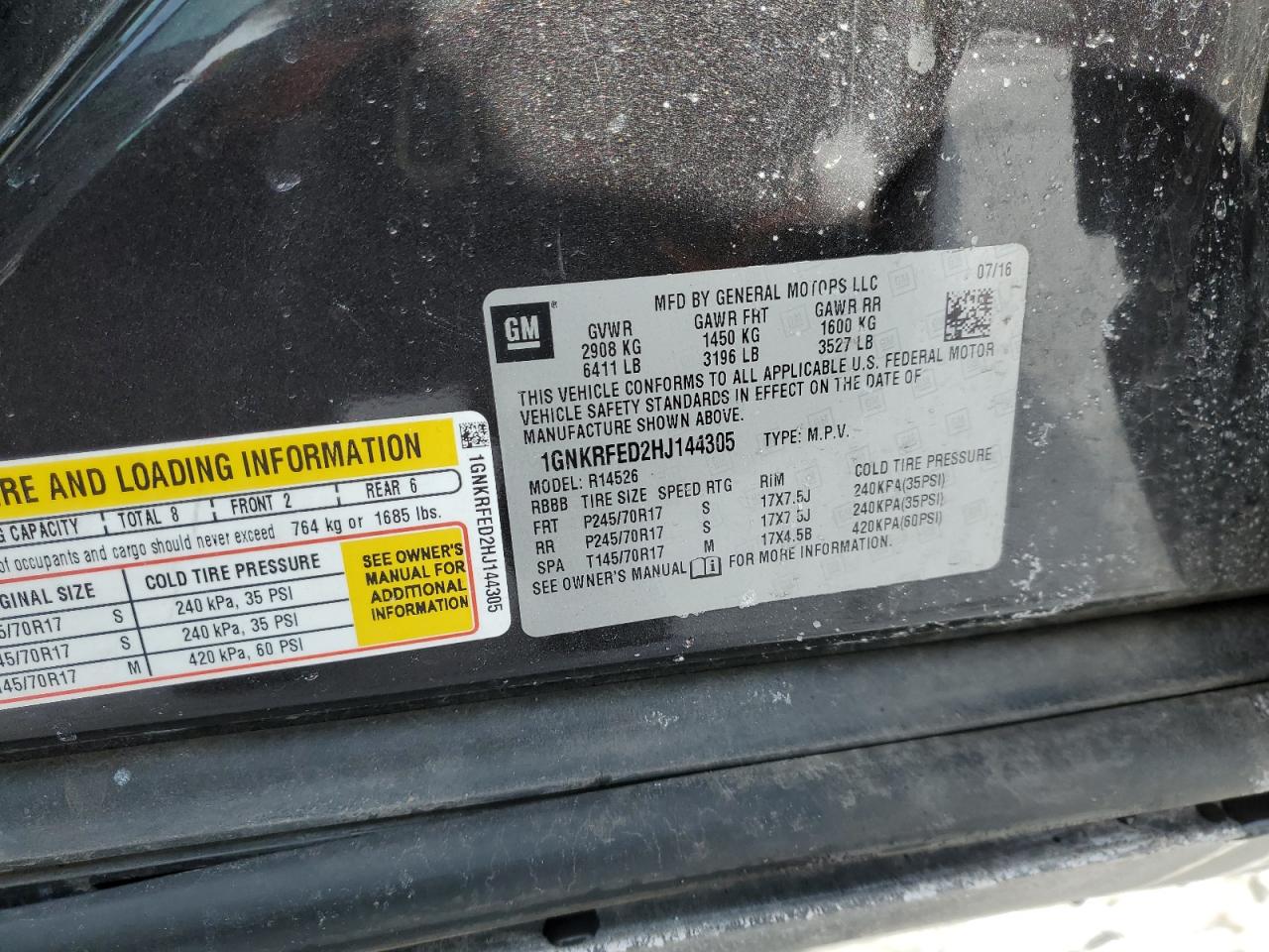 2017 Chevrolet Traverse VIN 1GNKRFED2HJ144305 Copart auction photo, front end damage thumbnail 13