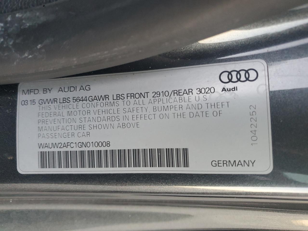 2016 Audi S7 VIN WAUW2AFC1GN010008 Copart auction photo, side / frame damage damage thumbnail 12
