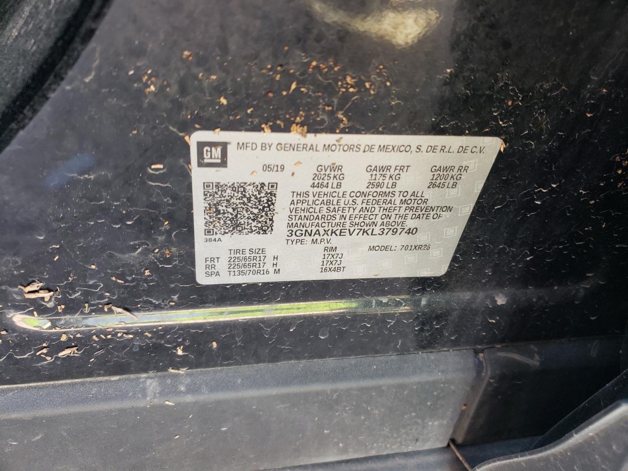 2019 Chevrolet Equinox VIN 3GNAXKEV7KL379740 Copart auction photo, water/flood damage thumbnail 14