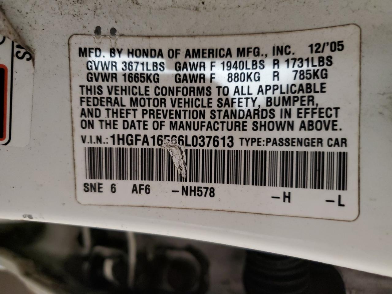 2006 Honda Civic VIN 1HGFA16566L037613 Copart auction photo, rear end / front end damage thumbnail 15