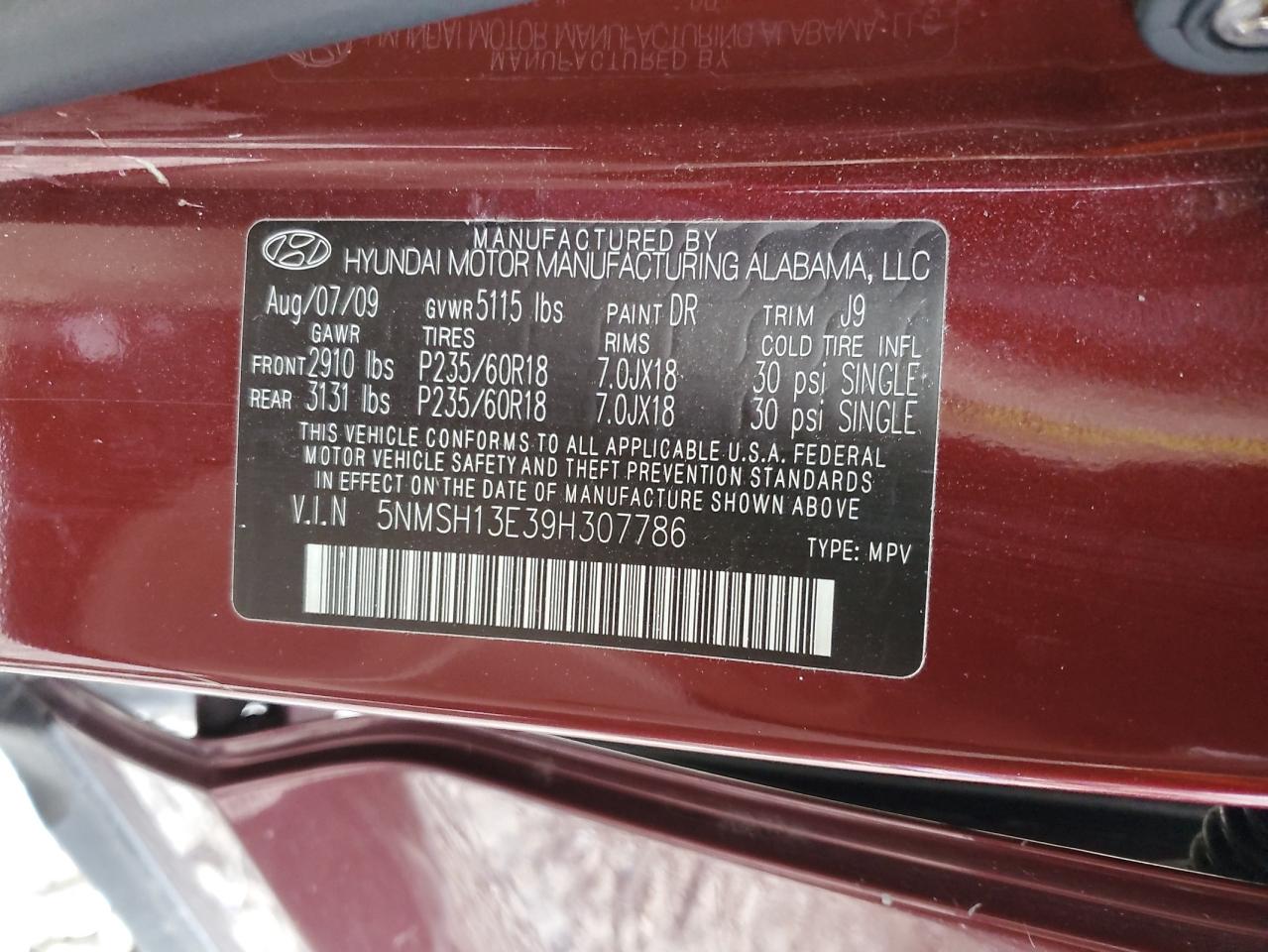 2009 Hyundai Santa Fe VIN 5NMSH13E39H307786 Copart auction photo, front end damage thumbnail 15