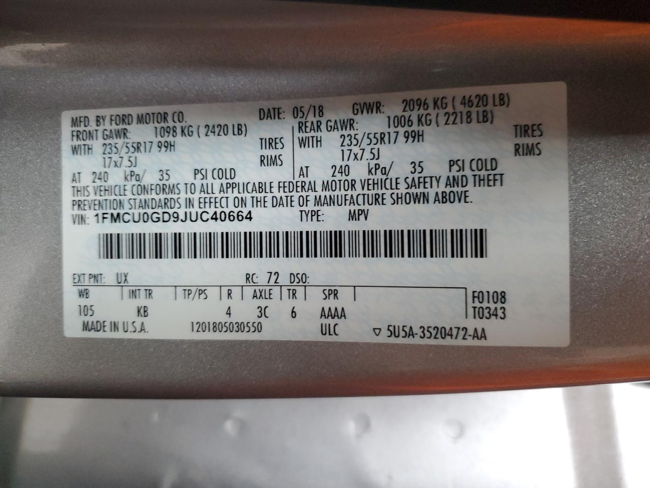 2018 Ford Escape VIN 1FMCU0GD9JUC40664 Copart auction photo, front end damage thumbnail 13