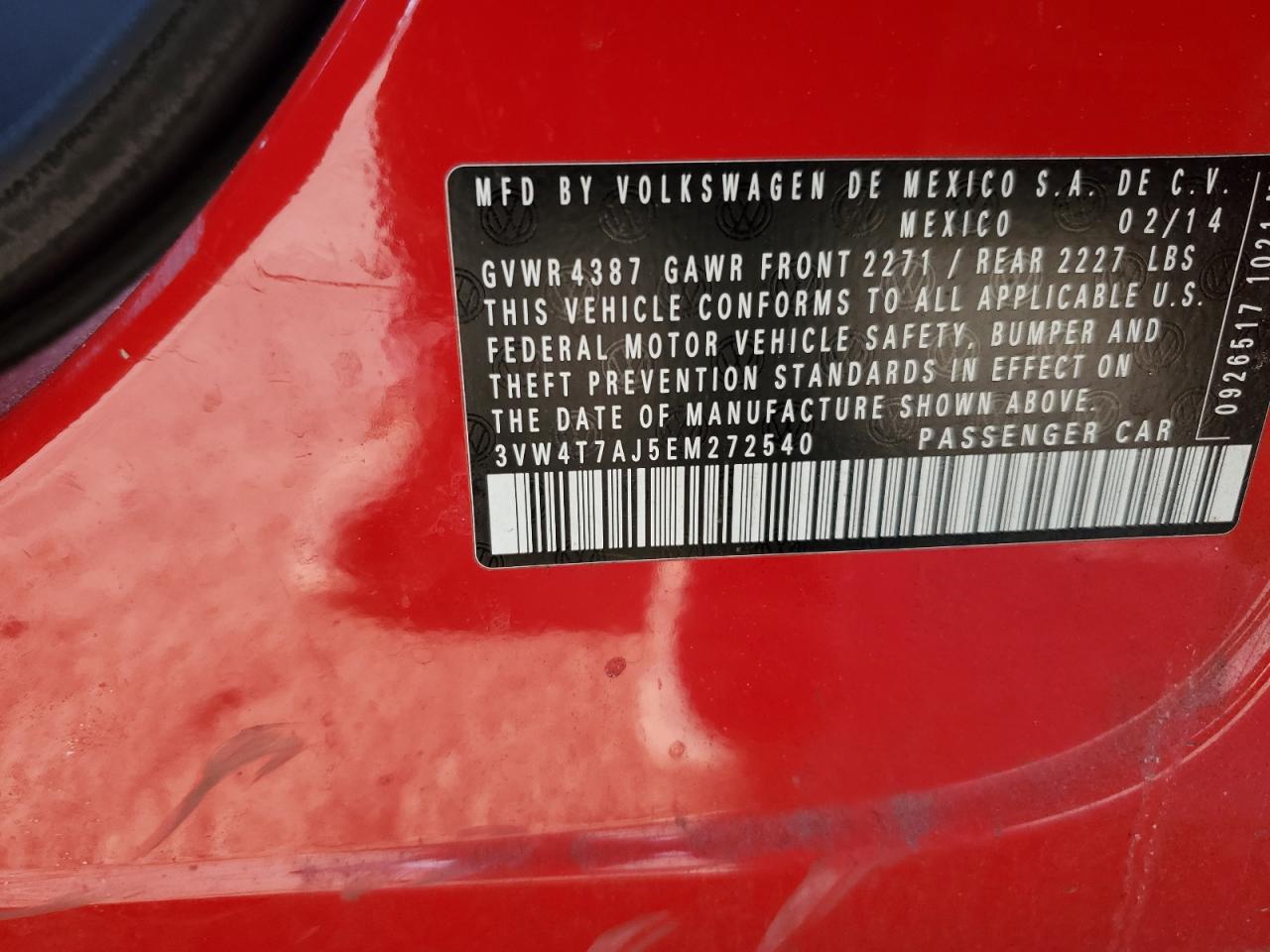 2014 Volkswagen Jetta VIN 3VW4T7AJ5EM272540 Copart auction photo, side / rear end damage thumbnail 12