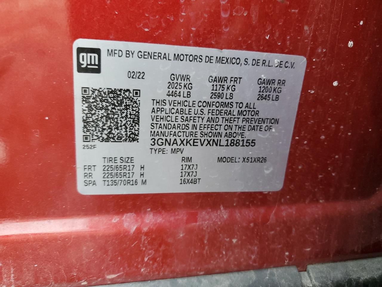 2022 Chevrolet Equinox VIN 3GNAXKEVXNL188155 Copart auction photo, front end / side damage thumbnail 13
