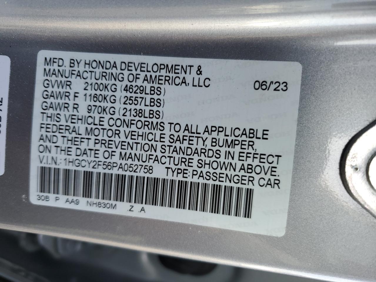 2023 Honda Accord VIN 1HGCY2F56PA052758 Copart auction photo, rear end damage thumbnail 12