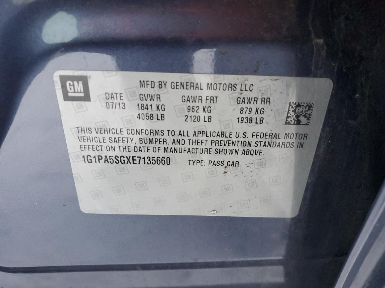 2014 Chevrolet Cruze VIN 1G1PA5SGXE7135660 Copart auction photo, front end damage thumbnail 12