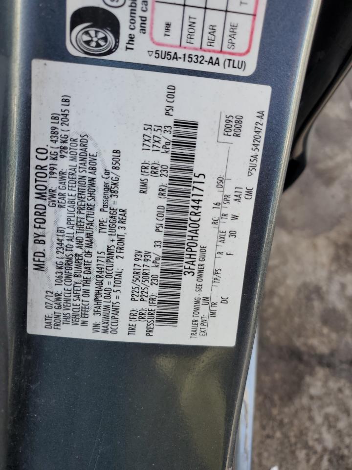 2012 Ford Fusion VIN 3FAHP0HA0CR441715 Copart auction photo, rear end damage thumbnail 12