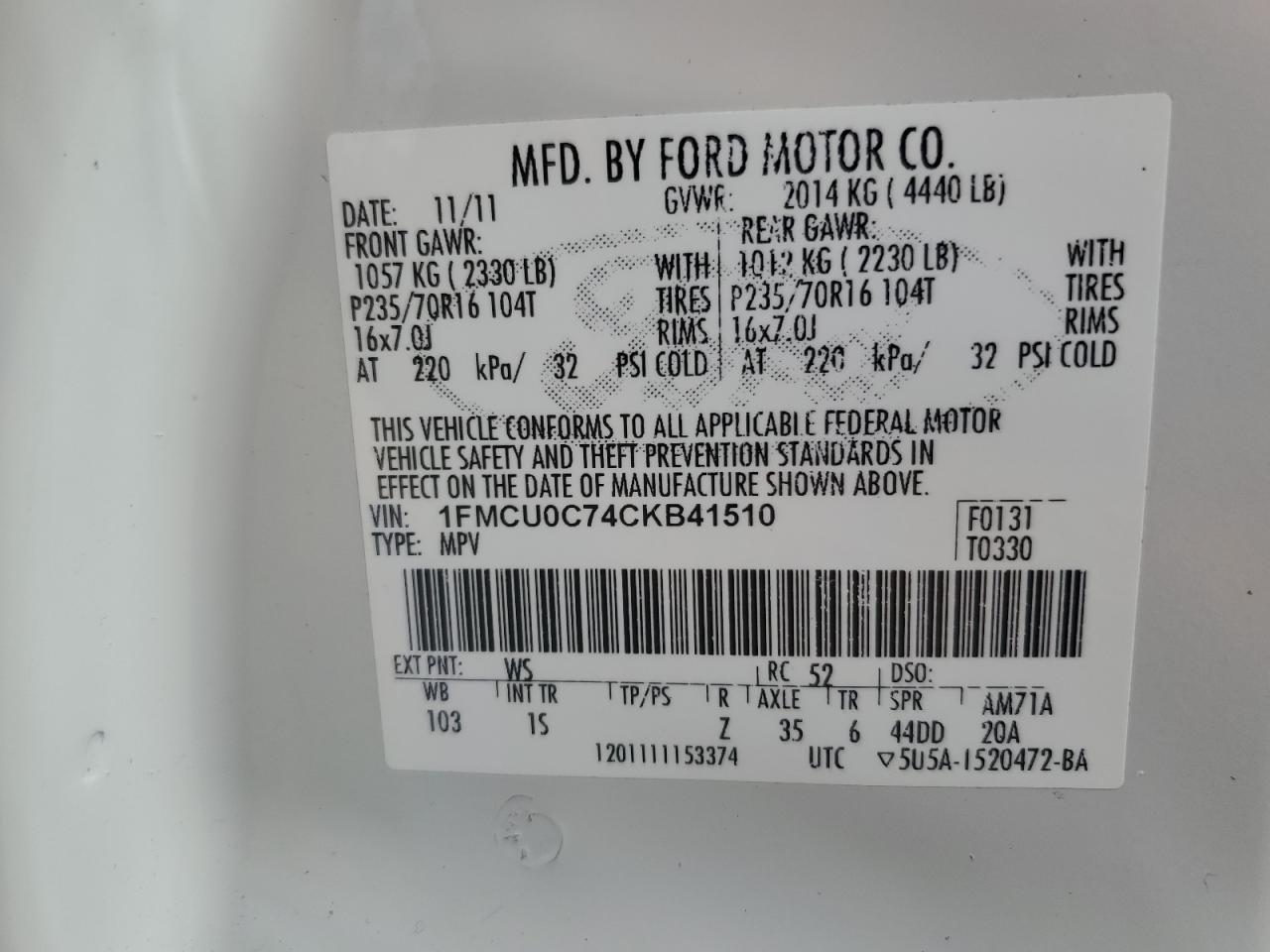 2012 Ford Escape VIN 1FMCU0C74CKB41510 Copart auction photo, front end / undercarriage damage thumbnail 13