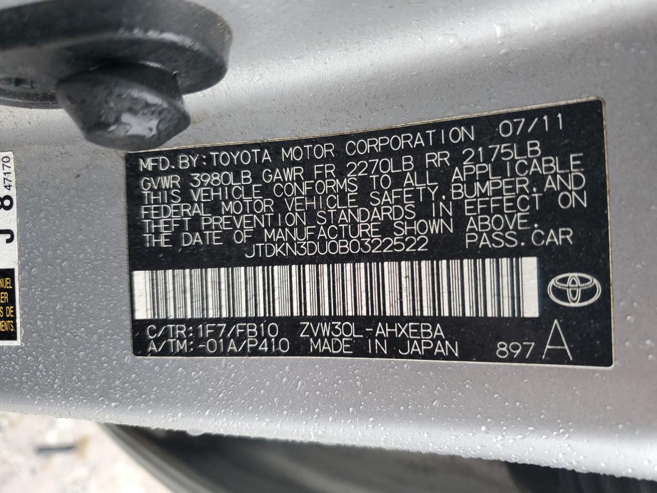2011 Toyota Prius VIN JTDKN3DU0B0322522 Copart auction photo, all over damage thumbnail 13