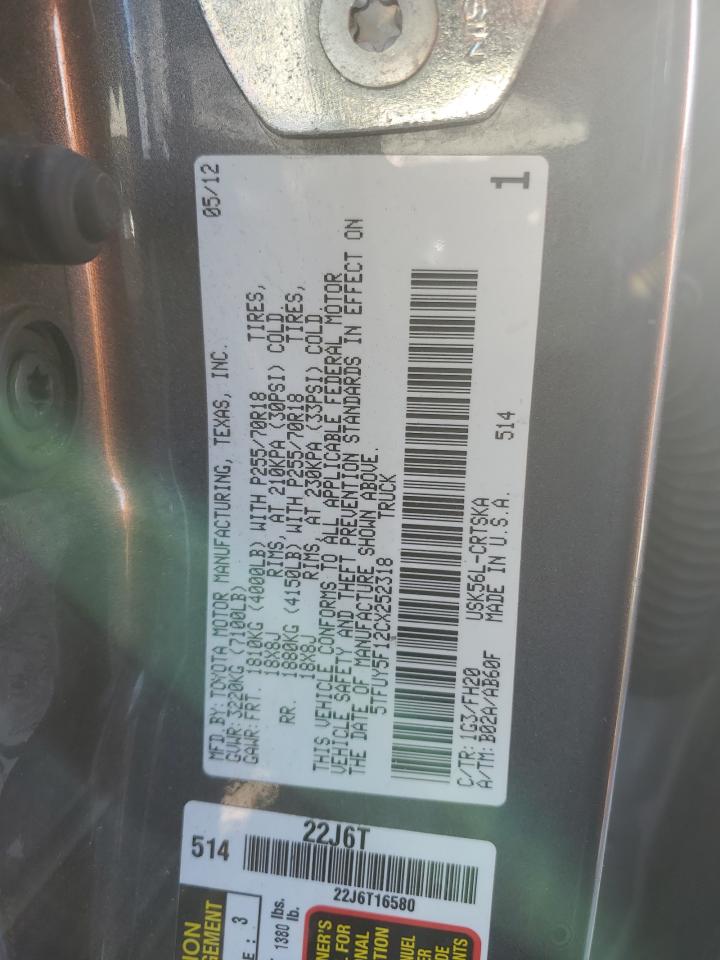 2012 Toyota Tundra VIN 5TFUY5F12CX252318 Copart auction photo, front end / side damage thumbnail 14
