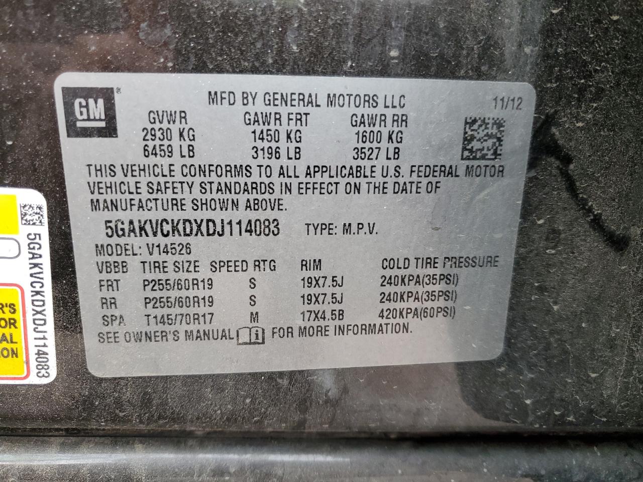 2013 Buick Enclave VIN 5GAKVCKDXDJ114083 Copart auction photo, front end / rear end damage thumbnail 14