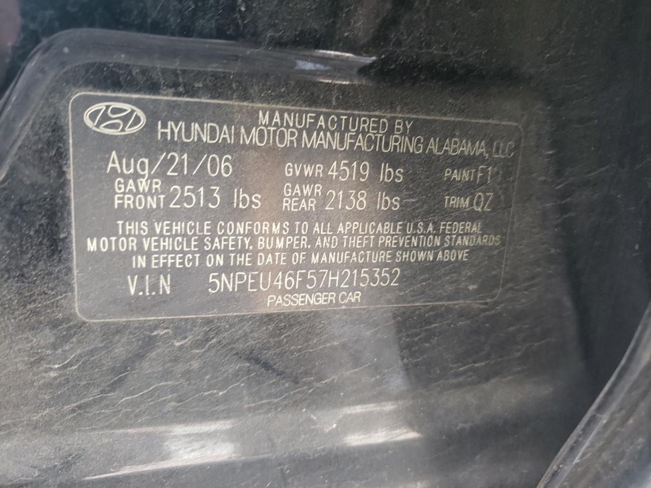 2007 Hyundai Sonata VIN 5NPEU46F57H215352 Copart auction photo, front end / rear end damage thumbnail 14