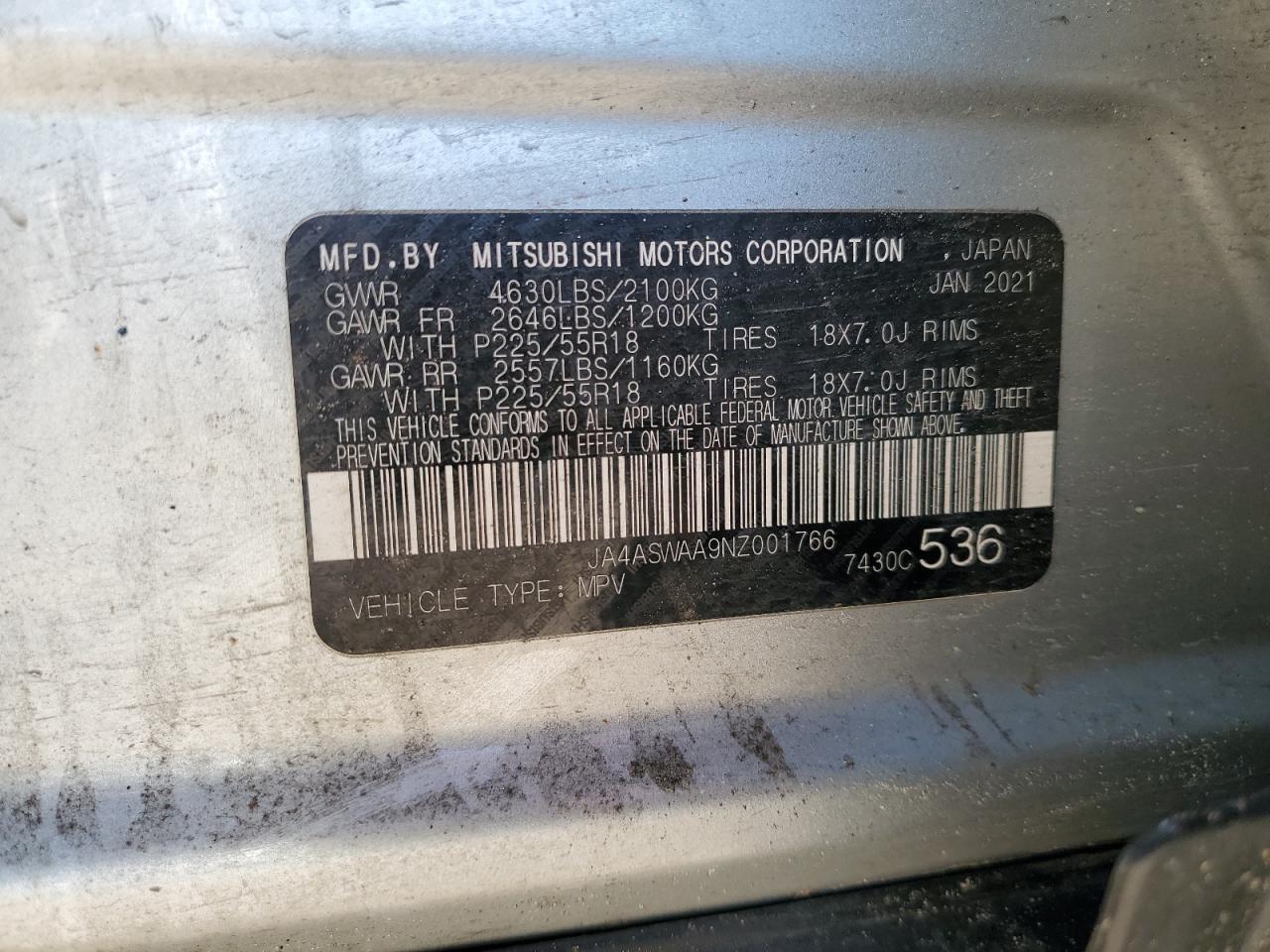2022 Mitsubishi Eclipse VIN JA4ASWAA9NZ001766 Copart auction photo, front end damage thumbnail 13