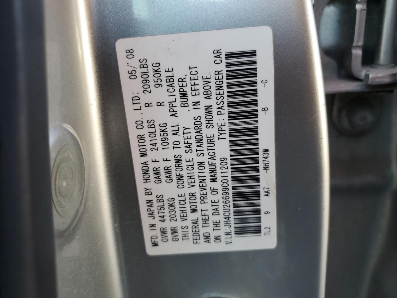 2009 Acura TSX VIN JH4CU26699C011209 Copart auction photo, side / mechanical damage thumbnail 14