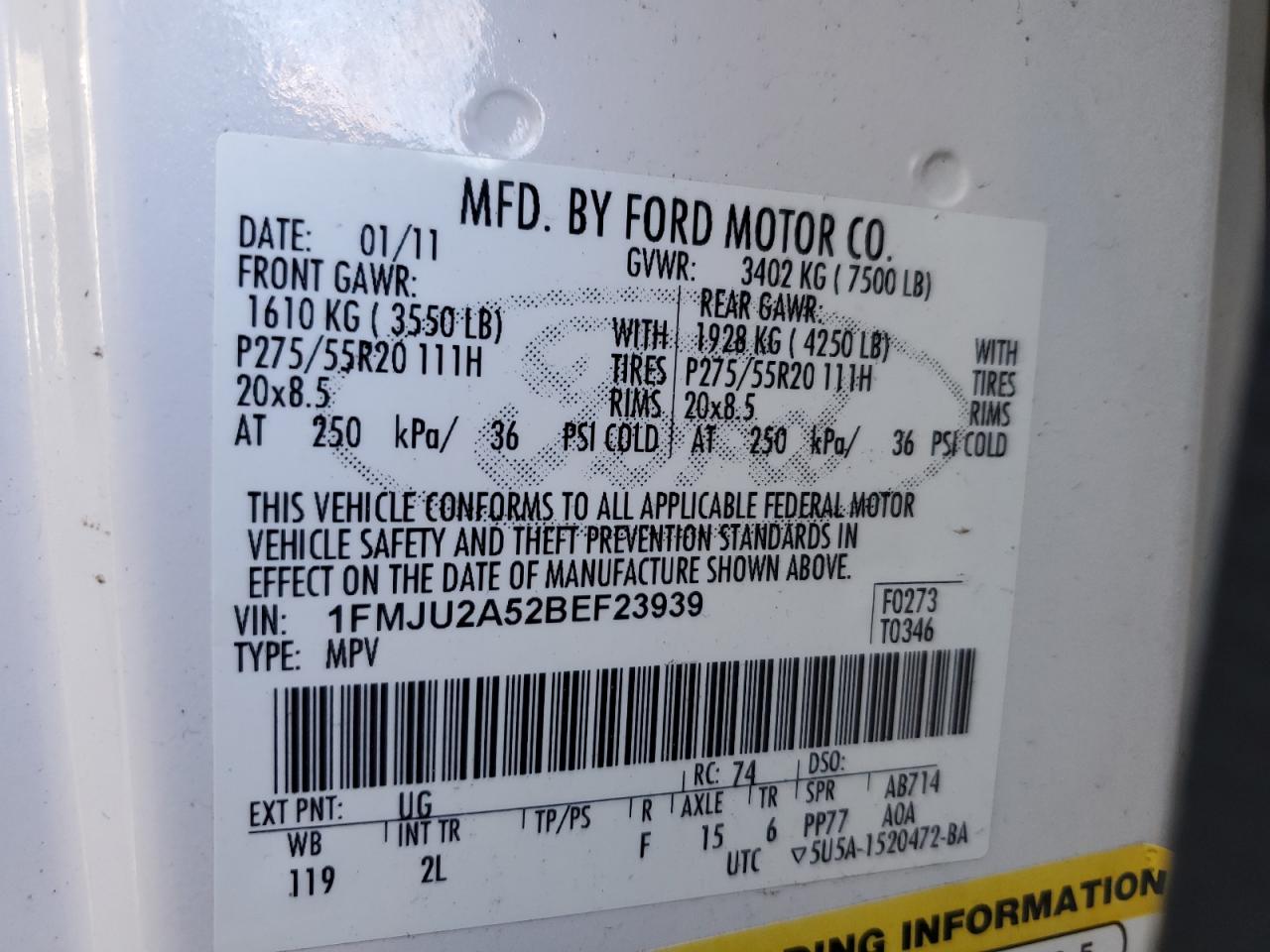 2011 Ford Expedition VIN 1FMJU2A52BEF23939 Copart auction photo, front end damage thumbnail 13