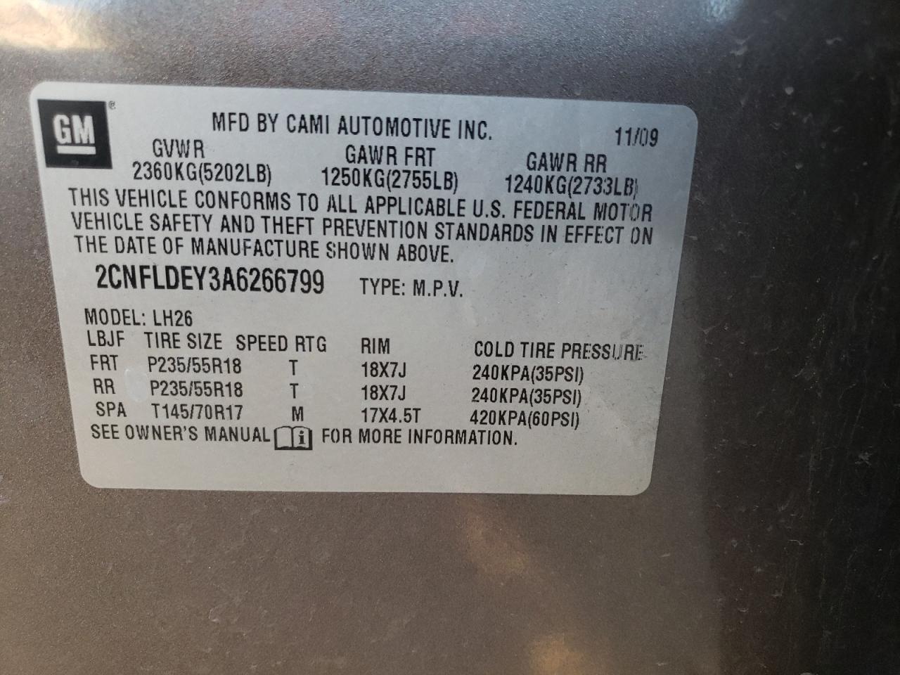 2010 Chevrolet Equinox VIN 2CNFLDEY3A6266799 Copart auction photo, rear end / front end damage thumbnail 15